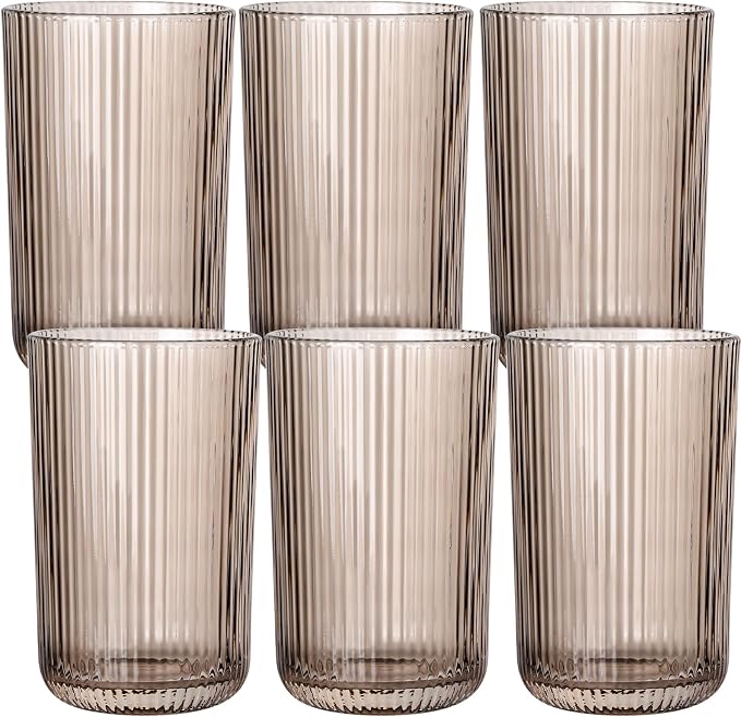 Gray Ribbed Highball Glasses Set of 6, 13.2oz Smokey Gray Colored Glassware by Vintacicle