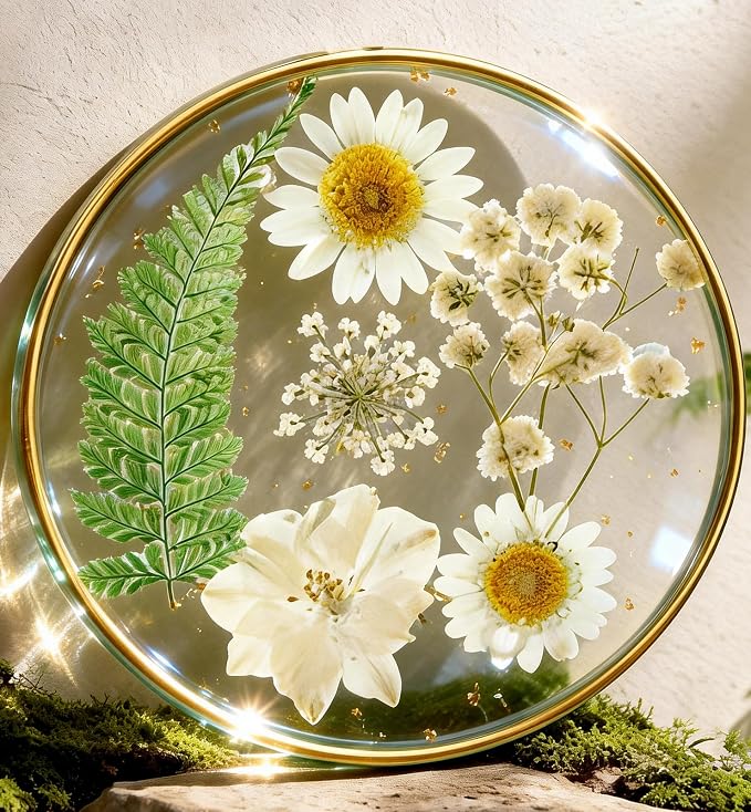 Oqplog Resin Drink Coaster for Desk Coffee Table-White Cute Dried Flowers Cup by Oqplog