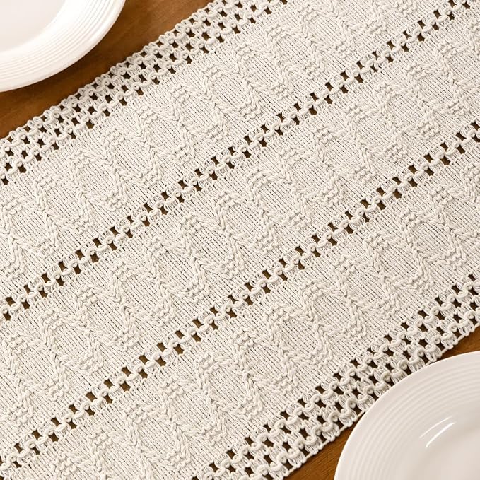 Ivory Boho Table Runner Farmhouse Macrame Woven Table Runner 12x90 Inch | Small - Image 6
