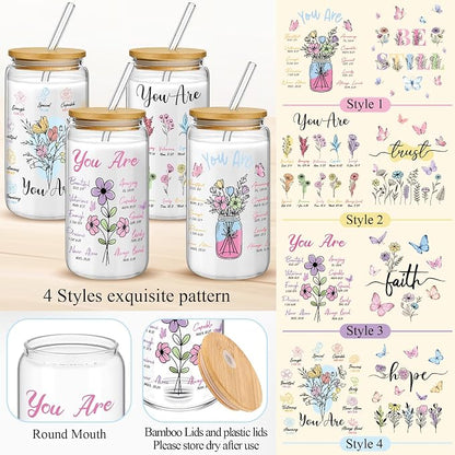 Mumufy 4 Pack Wildflower Glass Cups Gift Aesthetic Cute Glass Cup Tumbler - Image 3