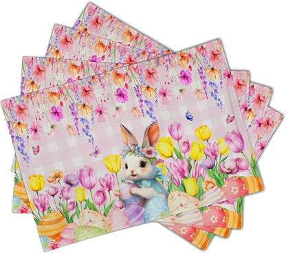 Spring Rabbit Bunny Placemats - Floral Easter Place Mat Set of 4 Buffalo Plaid Tablemats 12x18 for Party Kitchen Dining Pink