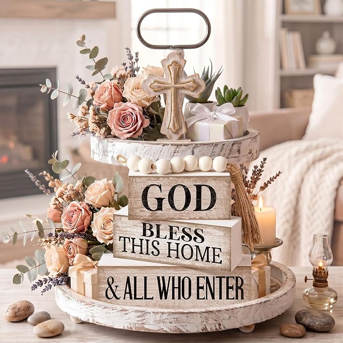 Moucuny 4 Pcs Christian Table Decor Rustic Wooden Block Sign Set - Image 4