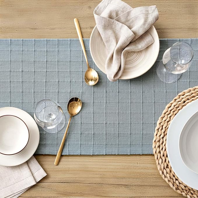 Artisanal Grid Linen Table Runner, 13x72 Inches Chambray | Heavy Textured - Image 5