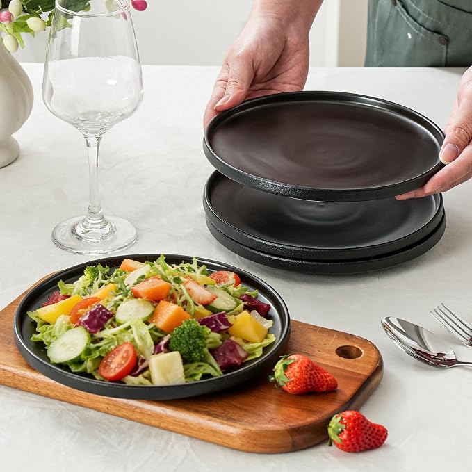 Ceramic Salad & Dessert Plates Set, 8 Inch, Modern Black | Stoneware, - Image 5