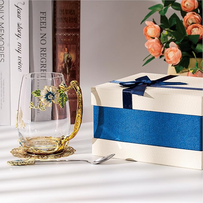 Flower Tea Cup, Butterfly Daisy Glass Fancy Coffee Mug - Image 3