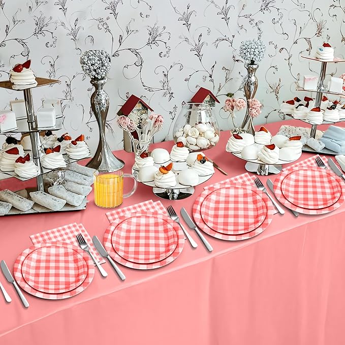 180Pcs Red Gingham Party Supplies Paper Plates and Napkins Serve 60 | - Image 7