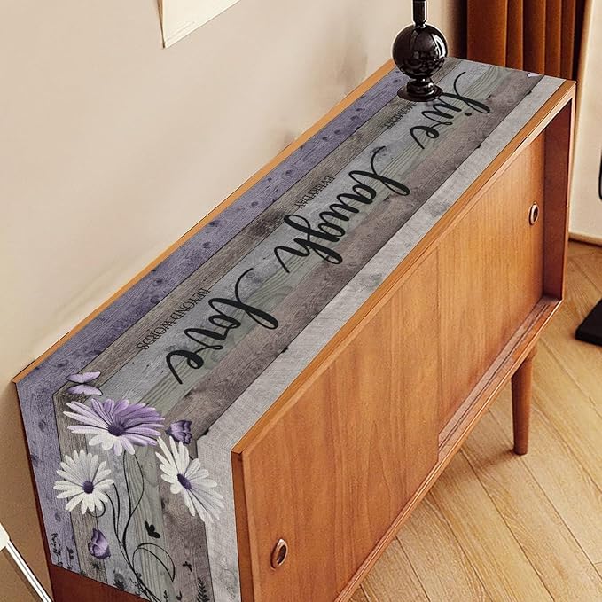 Daisy Floral Table Runner, Rustic Purple Wild Flowers Wooden Boho Spring - Image 2