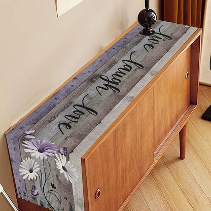 Daisy Floral Table Runner, Rustic Purple Wild Flowers Wooden Boho Spring - Image 2