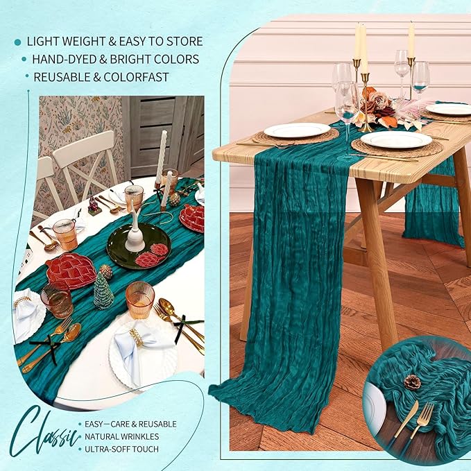 Showgeous 2 Pack Teal Cheesecloth Table Runners Boho Wedding Decor | Rustic - Image 5