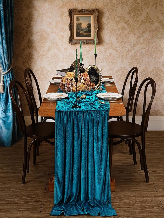 Peacock Blue Velvet Table Runner 29x120 Inch Luxury Retro Thick Runners | 5 - Image 2