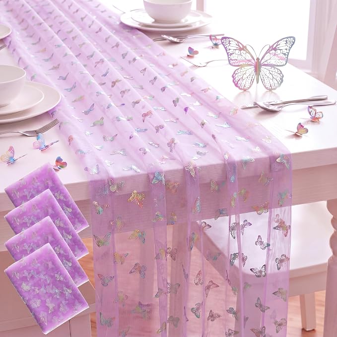 4 Pcs Iridescent Butterfly Table Runner 29 x 70 Inch Purple Glitter Gradient by Windkream