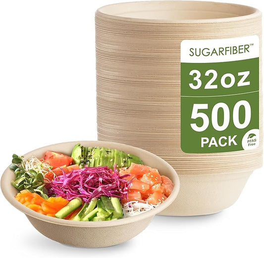 [500 COUNT]Harvest Pack PFAS FREE 32oz Compostable Round Paper Bowls, Heavy-Duty Eco-Friendly Disposable Bagasse Large Soup Bowls, sugarcane made for Meal Prep Takeout Dinnerware, Microwave Safe