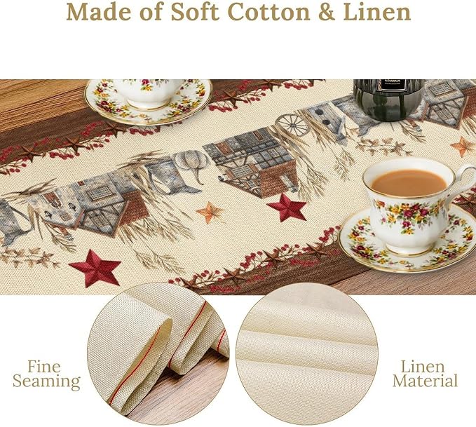 Farmhouse Texas Table Runner, Rustic Western Barn Texas Star Berries Brown - Image 6