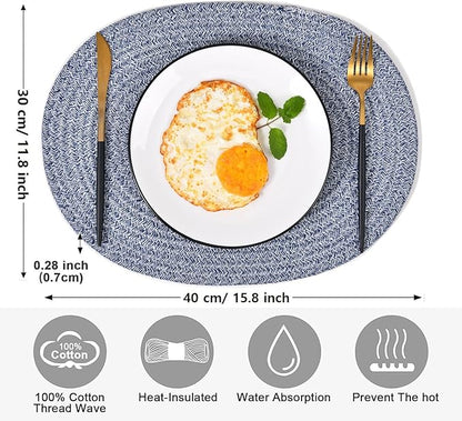 6 Pack Oval Woven Placemats, 12x16 inches Mix Rainbow Oval Plate Charger Cotton Heat Resistant Non-Slip Weave Place Mats Farmhouse Straw Braided Rattan Tablemats Wicker Placemats for Dining
