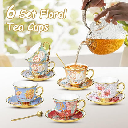 Tea Cups and Saucers, Tea Cup Set of 6, 8 OZ Floral Cups Porcelain Cup Set - Image 6