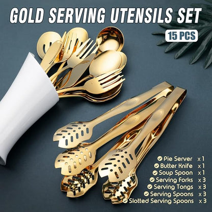 Gold Serving Utensils, OGORI 15-Piece Stainless Steel Gold Serving Utensils Set - Image 2