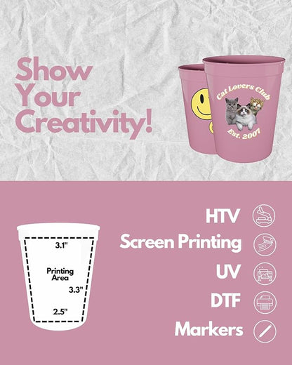PartyPrints 100 Pack 16 oz Pink Reusable Blank Plastic Cups, Stadium Cups Bulk - Image 3
