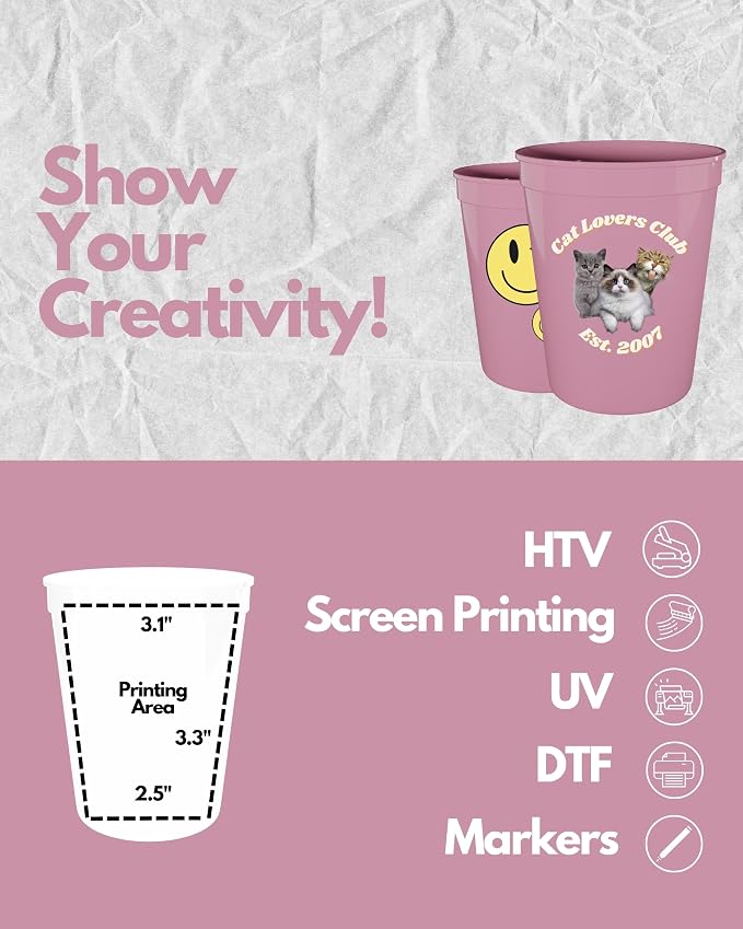 PartyPrints 10 Pack 16 oz Pink Reusable Blank Plastic Cups, Stadium Cups Bulk – - Image 3