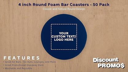 50 Round Foam Bud Coasters Pack, 4 inch - Customizable Text, Logo - PU Foam, Party Favor - Navy Blue