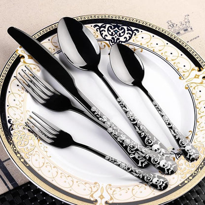 Skull Black Silverware Set for 8, 40-Piece Pirate Rose Flatware Set, Gothic - Image 5