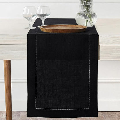 D'Moksha Homes Linen Black Table Runner 108 Inches Long - 100% Pure Linen 14 x 108 Inch Table Runner for Spring, Easter - Classic Hemstitch