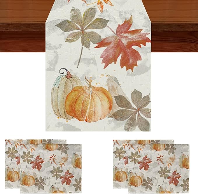 Fall Table Runner and Placemats Set of 5, Fall Pumpkin Leaves Linen Seasonal by GAGEC