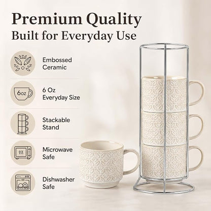 6 Oz Coffee Mugs with Stand, Stackable Ceramic Espresso Cups Set of 4, Embossed - Image 7