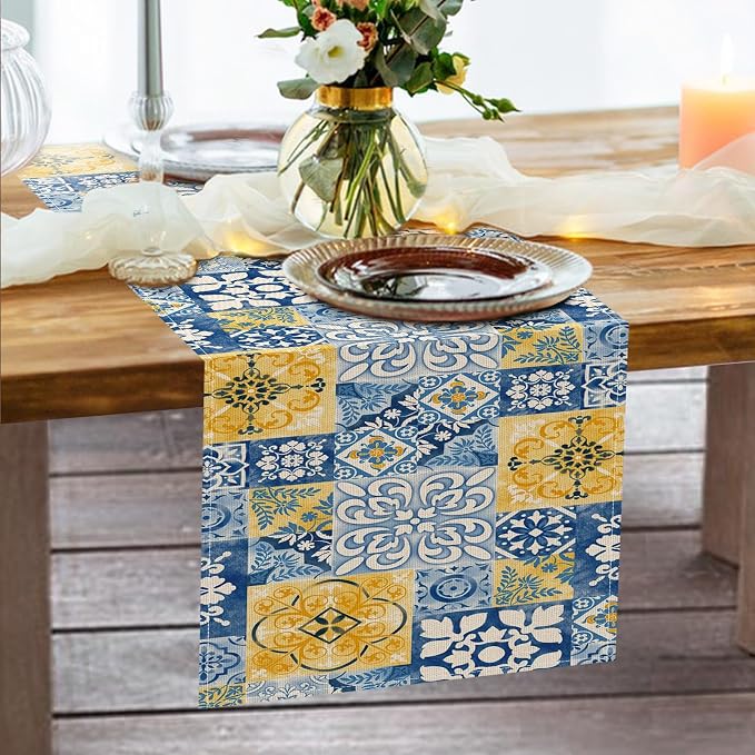 Moroccan Blue Mosaic Tile Dining Table Runner, Vintage Amalfi Coast | Azulejo - Image 6