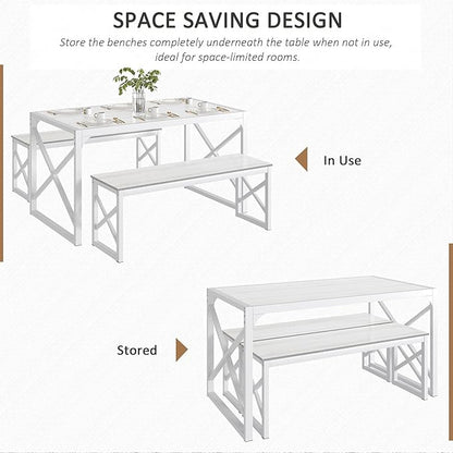 VECELO Kitchen Dining Table Sets for 6, 55" Wood Dinette 2 Benches with Metal Frame for Dinner Breakfast Nook and Small Space, White