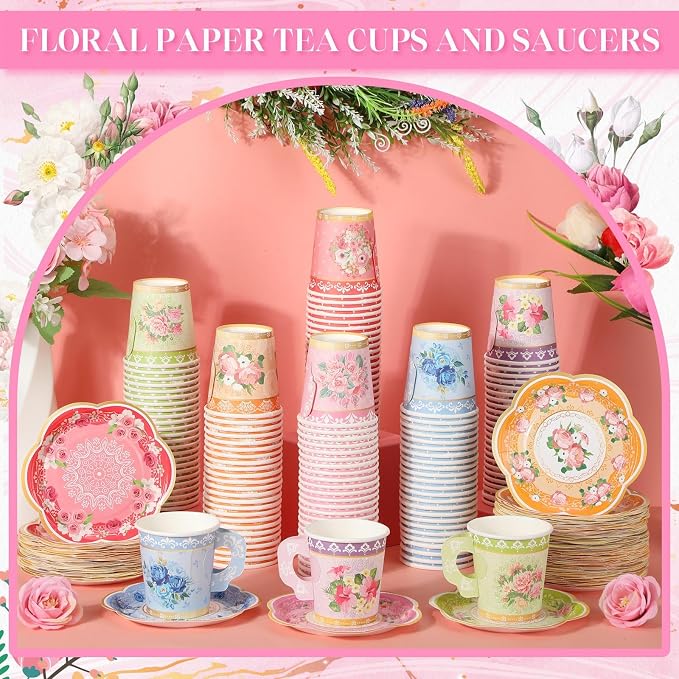 Nuogo 300 Pcs Floral Paper Tea Cups and Saucers 7 OZ Disposable Cups - Image 5
