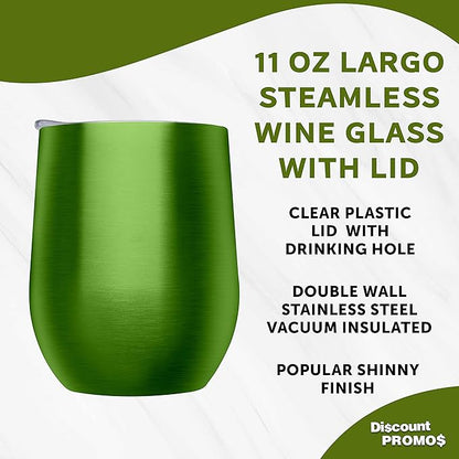 DISCOUNT PROMOS Stemless Wine Glass Tumblers with Lids by Largo 11 oz. Set of 6, Bulk Pack - Perfect for Wine, Cocktails, Other Hot & Cold Beverages - Lime Green