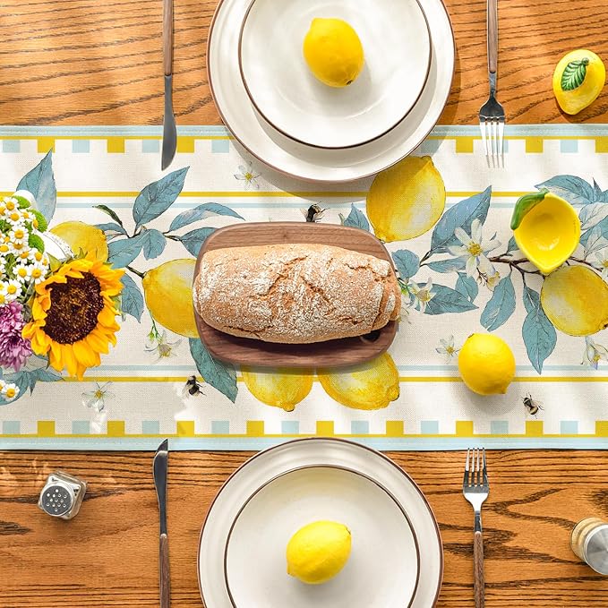 Artoid Mode Light Blue Lemon Tree Flower Bee Summer Table Runner, Seasonal - Image 3