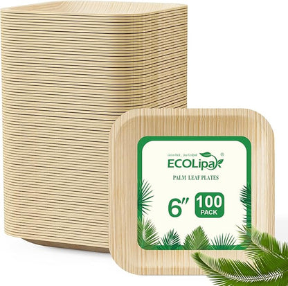 ECOLipak 6 Inch Compostable Palm Leaf Plate Like Bamboo Plate, 100 Pack Disposable Biodegradable Plates Suitable for Party, Dinner
