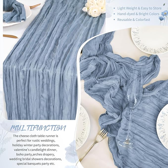 Showgeous 4 Pack Dusty Blue Cheesecloth Table Runner, 17 x 108 Inches | Boho - Image 5