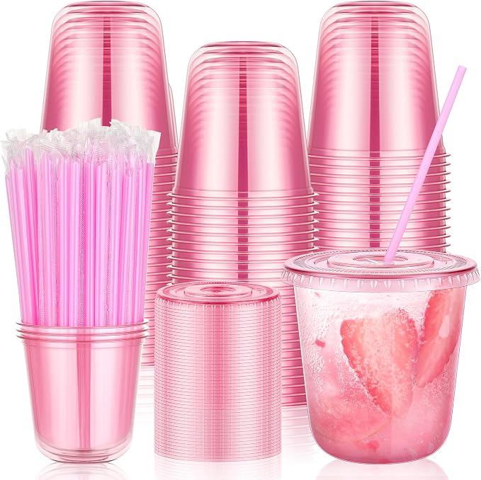 tchrules 100 Set 12oz Pink Round Bottom Plastic Cups by Tchrules