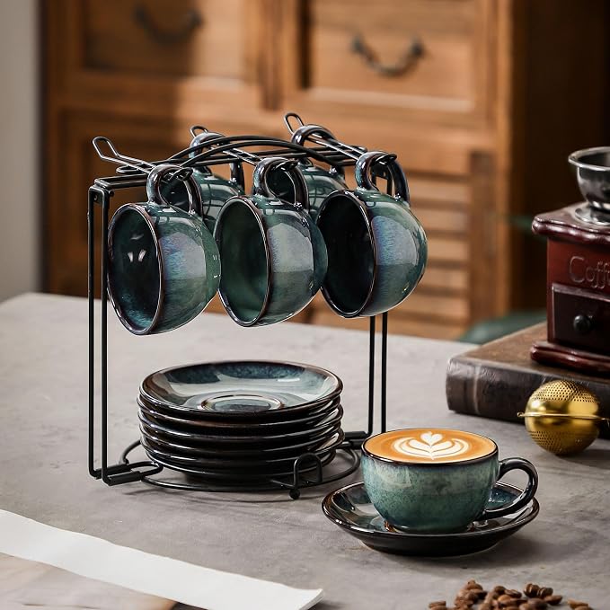 6 sets of 4OZ green coffee cup saucer sets, ceramic coffee cups - Image 2