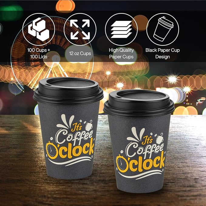 Disposable Coffee Cups with Lids, To Go Paper Hot Cups, Coffee O'Clock Design - Image 2