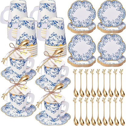 125 Pcs Blue Floral Tea Party Favors Set Blue and White Paper Teacups by Ferrochef