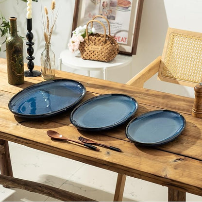 Ceramic Large Serving Platters- Set of 3 Oval Platters for Entertaining. Modern Kitchen Dishes for Dinner, Fruit, Salad, Turkey, etc. Oven, Dishwasher Safe, 15.75" / 13.75" /12",Royal Blue