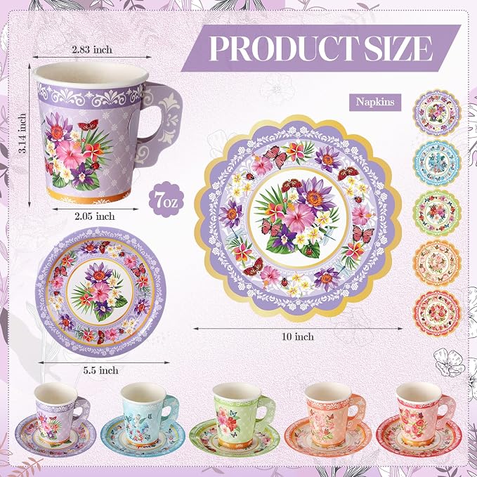 Nuogo 300 Pcs Vintage Floral Disposable Tea Party Set - Image 2
