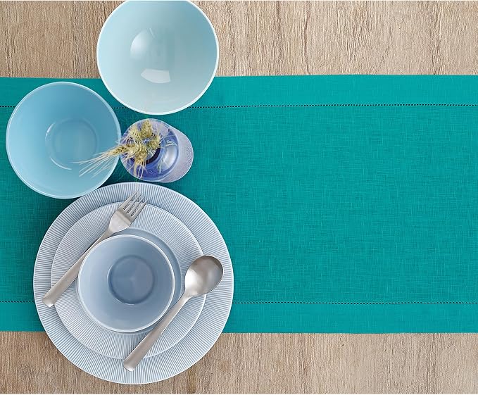 Solino Home 100% Pure Linen Dining Table Runner Teal Hemstitch, 14 x 144 in | - Image 3