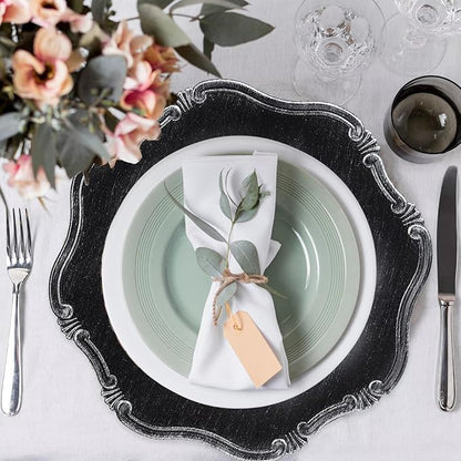 Black Charger Plates Set of 6, Decorative Table Plastic Chargers for Dinner Plates, Party, Wedding, Thanksgiving, Christmas, 22B
