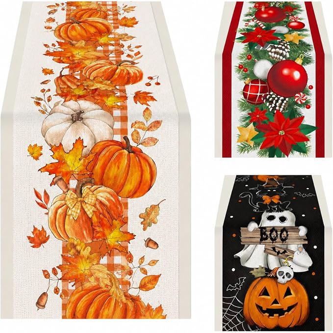 Gilprop 3 Pcs Holiday Table Runners Seasonal Tablecloth, 13x72 Inch | Farmhouse by Gilprop