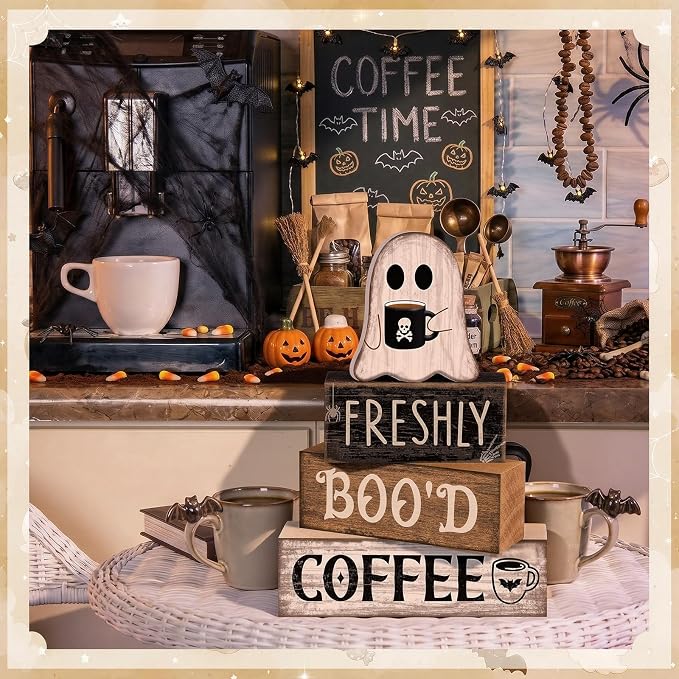 Moucuny 4 Pcs Halloween Coffee Table Decorations Cute Ghost Stacked Wooden Decor - Image 5