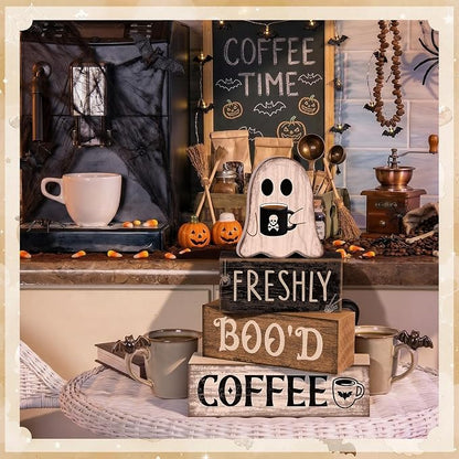Moucuny 4 Pcs Halloween Coffee Table Decorations Cute Ghost Stacked Wooden Decor - Image 5