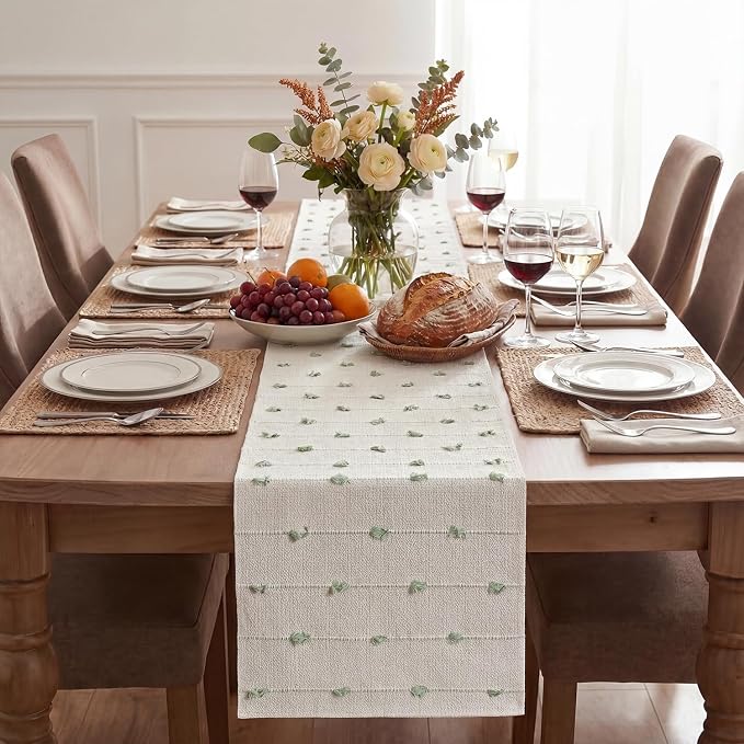 Artoid Mode Sage Green Boho Farmhouse Cotton Woven Table Runner, Seasonal - Image 2