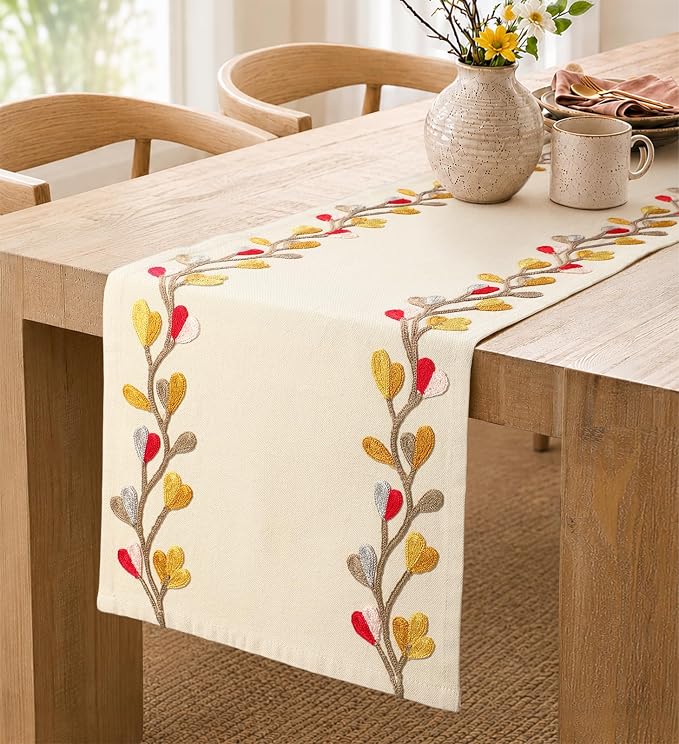 Embroidered Canvas 13"x 72" Narrow Table Runner, Branch | Exquisite Embroidery by MuseHaus