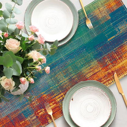 Vintage Blue Orange Dining Table Runner, Retro Abstract Messy Rust | Painting - Image 6