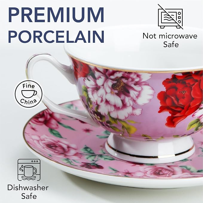 BTaT- Tea Cups and Saucers, Floral Design, Porcelain Tea Cup Sets, Dishwasher - Image 4