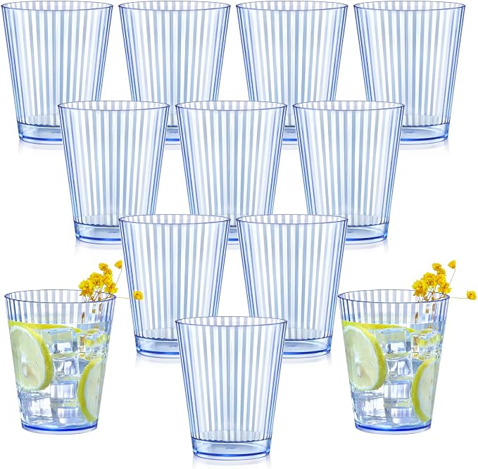 12 PCS Plastic Ribbed Drinking Glasses 10oz Blue Vintage Ripple Stemless Wine by SHIQIKEJIPTY